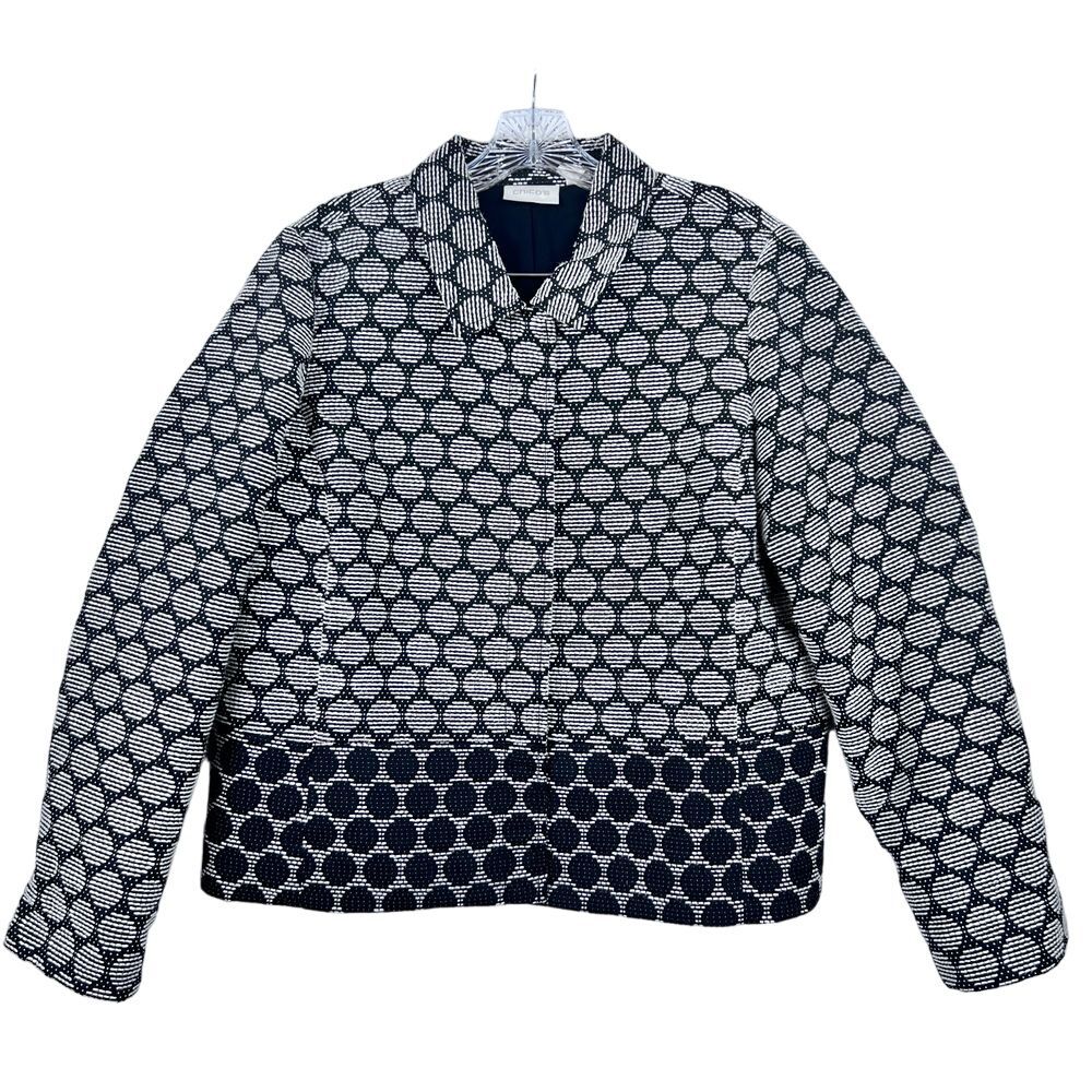 CHICOS Black White Lined Cotton Blend Jacket Magnetic Buttons Sz 2(Womens 12-14)
